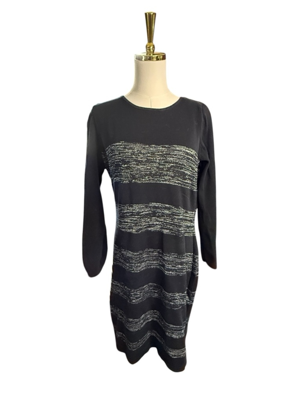 AB Studio Black and Silver Metallic Long-Sleeve Striped Knit Dress MIDI Size L